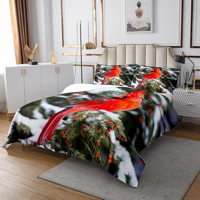 Erosebridal Cardinal Bedding Set Red Bird Bedspread Set for Kids Boys Teens, Pine Tree Coverlet Set Animal Snow Quilt Set Soft and Breathable Bedroom Decor Queen Size