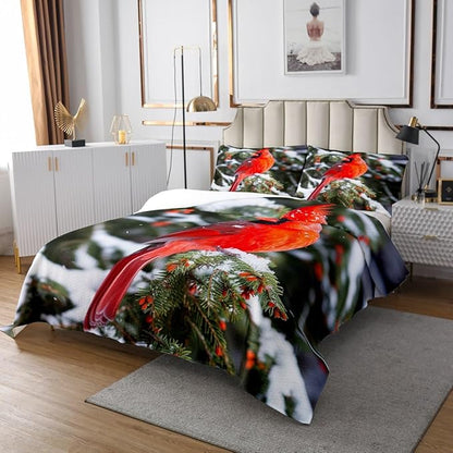 Erosebridal Cardinal Bedding Set Red Bird Bedspread Set for Child Girls Youth, Pine Tree Coverlet Set Animal Snow Quilt Set Soft and Breathable Bedroom Decor King Size