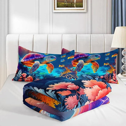 Ocean Bedding Turtle Comforter Set Queen Size,Undersea World Bedding Collections for Kids Teens Boys Room Decor,Colorful Coral Aquatic Plants Beach Themed Bedding with 2 Pillowcases.