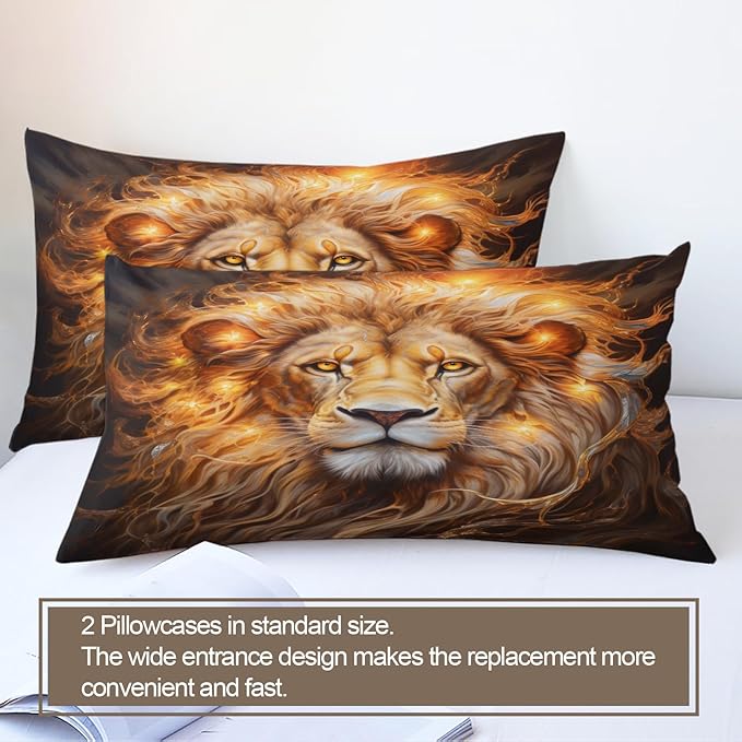 Lion Duvet Cover Twin Trippy Golden Lion Bedding Set 2 Piece for Kids Decor Modern Wild Animal Comforter Cover and 1 Pillow Sham with Zipper Closure