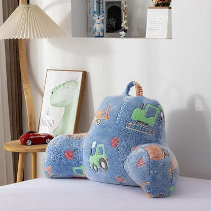 Aimuan Construction Truck Vehicles Reading Pillow Glow in The Dark Bed Rest Wedge Kids Glow Backrest Pillow Car Print with Arms Back Support for Sitting Up in Bed Cushion, Light Blue