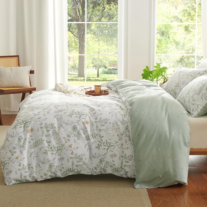 Botanical Duvet Cover King Sage Green Reversible Floral Bedding Set Farmhouse Leaf Bedding 3Pcs Modern Aesthetic Duvet Covers with Zipper Closure Ultra Soft Microfiber
