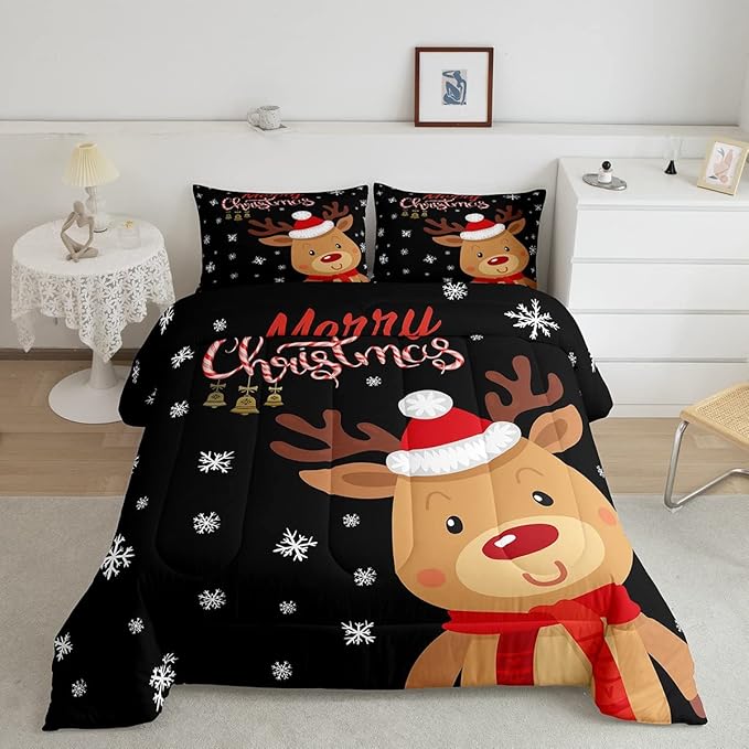 Cartoon Deer Reindeer Comforter Set Twin,Merry Christmas Bedding Set for Kids Boys Girls,Xmas Snowflake Duvet Insert Bedroom Decor,Happy New Year Gift Down Comforter with 1 Pillowcase Soft