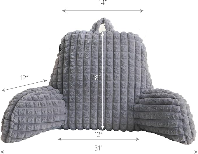 Faux Rabbit Fur Reading Pillow with Arms,Removable Cover, Adjustable Shredded Foam Filling,Bed Rest Back Pillow for Reading,Watching TV,Gaming–Grey
