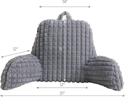 Faux Rabbit Fur Reading Pillow with Arms,Removable Cover, Adjustable Shredded Foam Filling,Bed Rest Back Pillow for Reading,Watching TV,Gaming–Grey