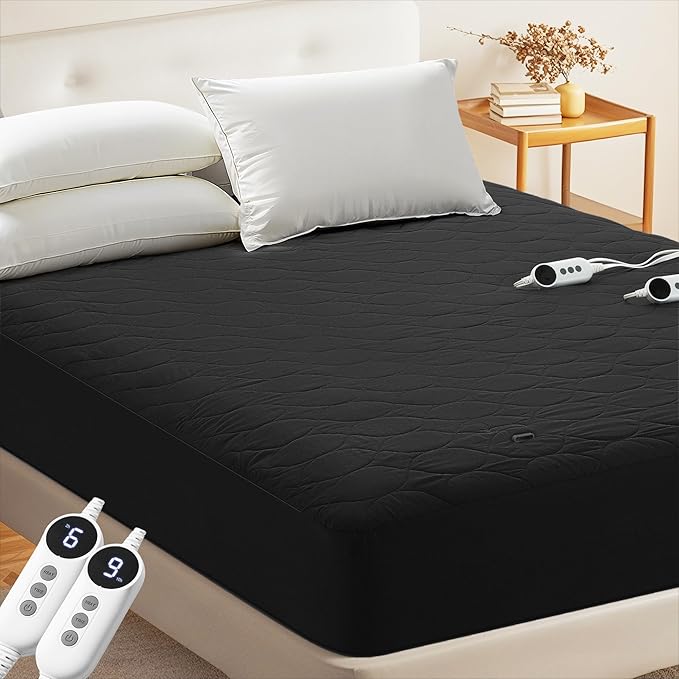 MASVIS Heated Mattress Pad King Size - Dual Control, 6 Heat Settings & 10-Hour Auto Off, Quilted Electric Bed Cover, Bed Warmer with Deep Pocket | Fast Heating | Machine Washable,Black,78"x80"