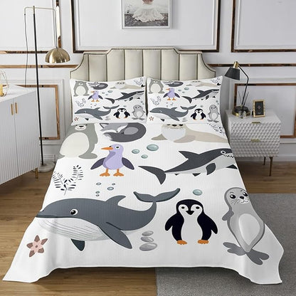 Erosebridal Shark Bedspread King Size Penguin Coverlet Set,Polar Bird Animal Bedding Set Whale Fish Quilt Set for Child Youth,Sealife Underwater World Bedroom Decor Plain White