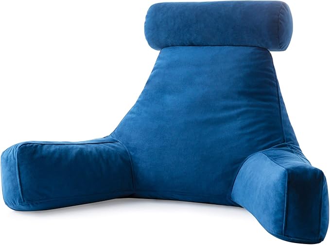 LINENSPA Reading Pillow with Shredded Memory Foam- Back Pillow for Sitting in Bed, Reading, Gaming, Watching TV – Bed Chair Pillow with Arms, Dorm Room Essentials, Navy