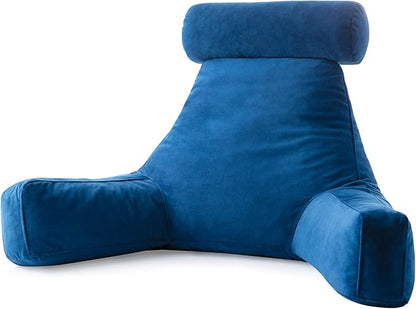LINENSPA Reading Pillow with Shredded Memory Foam- Back Pillow for Sitting in Bed, Reading, Gaming, Watching TV – Bed Chair Pillow with Arms, Dorm Room Essentials, Navy