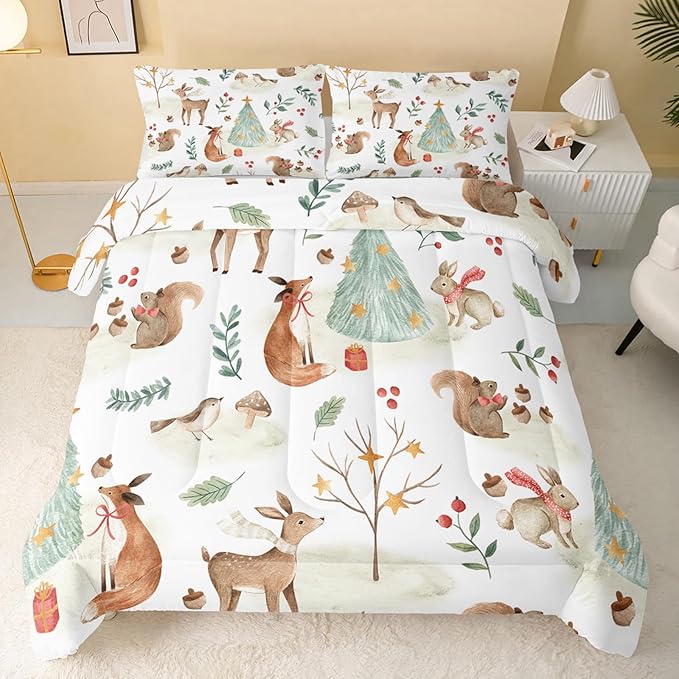 QOOMO Wild Animal Comforter Queen Size,Christmas Comforter Set for Kids Teens Girls Boys,3Pcs Bedding Set Printed Comforter with 2 Pillowcases,Down Alternative,Soft and Lightweight，Queen Size