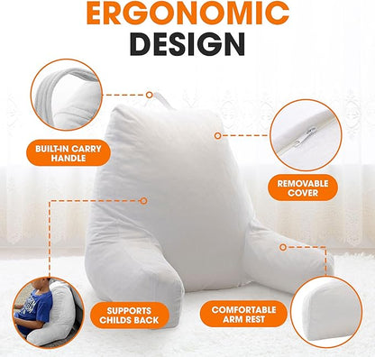 Cheer Collection Reading Pillow with Arms – Portable Bed Pillow for Sitting Up & Support, Hollow Fiber-Filled Back Rest Pillow for Sitting in Bed & Couch, Machine Washable, White (Small)