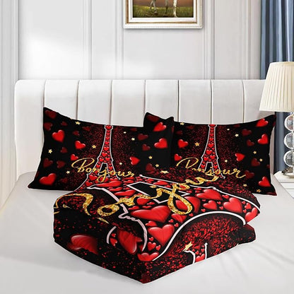 Eiffel Tower Twin Size Comforter Sets,Red Loving Heart Romantic Couple Bedding Set,Paris Bedding Comforter Sets for Women Room Eiffel Tower Decor with 2 Pillowcases.