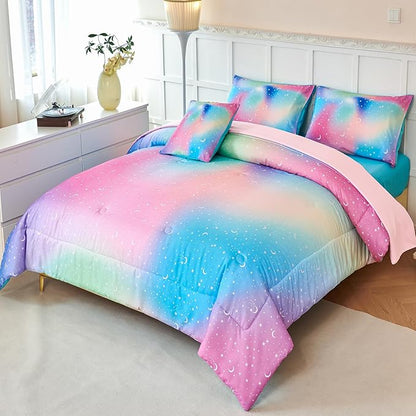 URBONUR 6Pcs Gradient Glitter Comforter Set for Girls Twin Size Colorful Rainbow Pink Blue Bedding Set, Soft & Breathable Kids Bed in a Bag