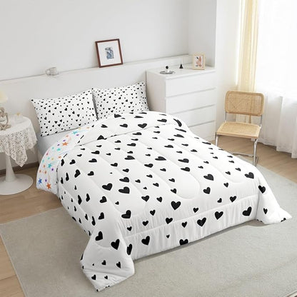 Feelyou Heart Shaped Comforter Set for Girls Boys Kids Toddler Size Soft Kawaii Comforter Room Decor Love Bedding Set Black White Duvet Set