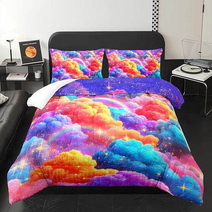 Rainbow Sparkles Kids Queen Size Comforter Set for Girls，Queen Size Colorful Cloud Bedding Sets for Girls