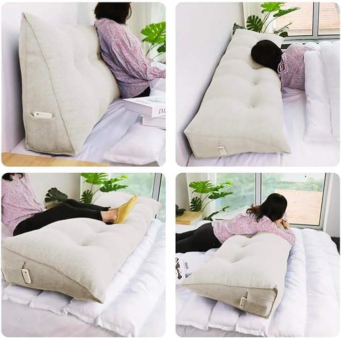 WOWMAX Headboard Pillow Triangular Bed Wedge Pillow for Headboard Large Bolster Pillow for Bed with Removable Cover, 85% Linen 15% Cotton Blend, Pure White