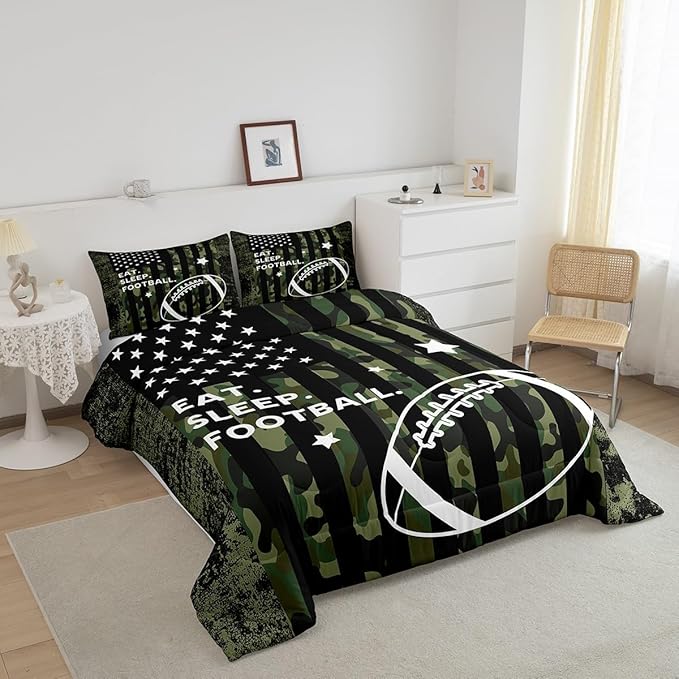 Feelyou Full Football Bedding Set for Kids Toddler Camo American Flag Comforter Set for Boys Girls Rugby Sports Comforter Teens Soccer Duvet Set Microfiber Bed Set
