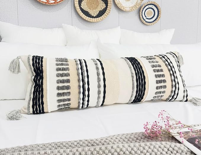 Chenille and Cotton Long Pillow for Bed, Striped Textured Boho Lumbar Throw Pillow Cover 12x36, Neutral Accent Decorative Extra Long Body Pillow Case for Couch, Sofa, Bedroom, Grey
