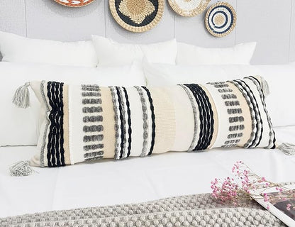 Chenille and Cotton Long Pillow for Bed, Striped Textured Boho Lumbar Throw Pillow Cover 12x36, Neutral Accent Decorative Extra Long Body Pillow Case for Couch, Sofa, Bedroom, Grey