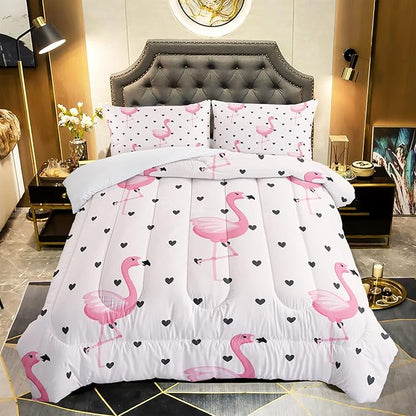 Flamingo Comforter Set Full Size Tropical Pink Flamingo Love Heart Pattern Bedding Set Kawaii Quilted Duvet for Kids Girls Boys Adult with 1 Comforter and 2 Pillowcases