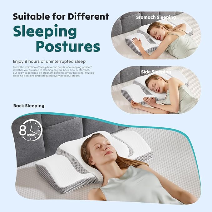 Smug Cervical Neck Pillow for Sleeping, Cooling Ergonomic Memory Foam Pillow with Arm Rest Slot and Ice Silk Pillowcase, Dual Height Orthopedic Support Contour for Side, Back, Stomach Sleepers