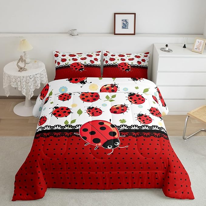 Kawaii Ladybug Comforter Set Queen Size Cartoon Jungle Animal Bedding Set Kids Boys Girls Cute Geometric Polka Dots All Season Quilt Set Flower Leaves Botanical Bedding Comforter Sets,3Pcs