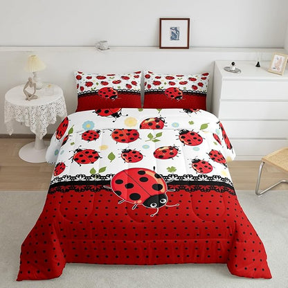 Kawaii Ladybug Comforter Set King Size Cartoon Jungle Animal Bedding Set Kids Boys Girls Cute Geometric Polka Dots All Season Quilt Set Flower Leaves Botanical Bedding Comforter Sets,3Pcs