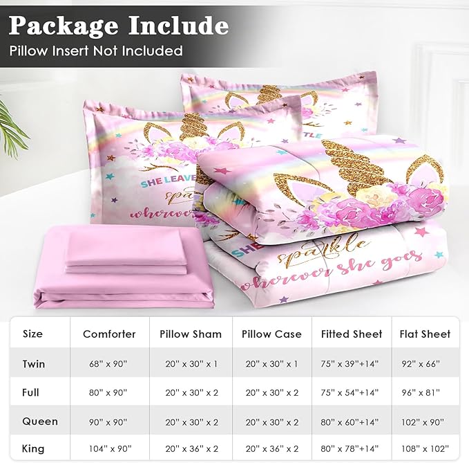 Queen Size Comforter Set with 2 Pillowcases & 2 Shams, Cute Golden Unicorn 7 Pcs Bedding for Kids and Teens, Pink Rainbow Star Rose Flower Bed in a Bag with Flat Fitted Sheet