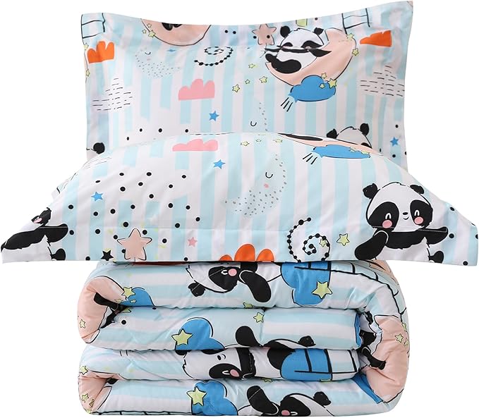 JSD Blue Panda Kids Comforter Set Full Size, 3 Piece Moon Microfiber Comforter with Pillow Shams, Machine Washable