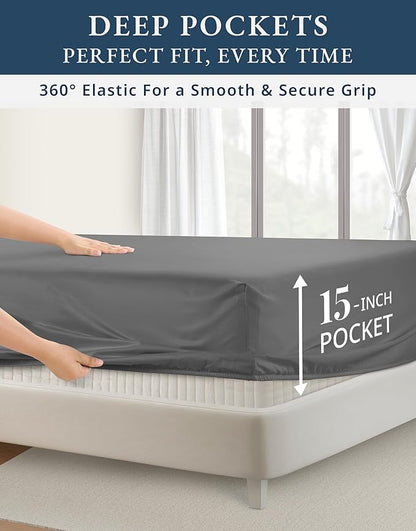 LANE LINEN 100% Egyptian Cotton King Sheets Set, Soft & Comfy Sateen Weave No Pill Mercerized Cotton Sheets King, Fully Elasticized Reinforced French Seam Fitted King Bed Sheets – Charcoal Gray