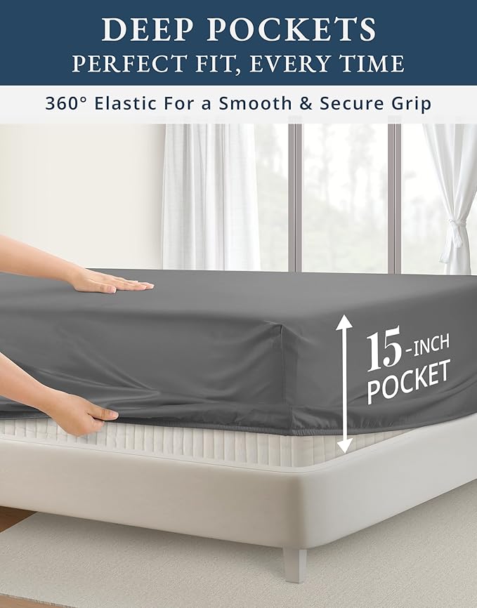 LANE LINEN 100% Egyptian Cotton Luxury Bedding Queen Sheet Set, Fade Resistant, No Pill, Naturally Cooling, Soft & Comfy Silky Smotth Sateen Weave Sheets - Charcoal Gray