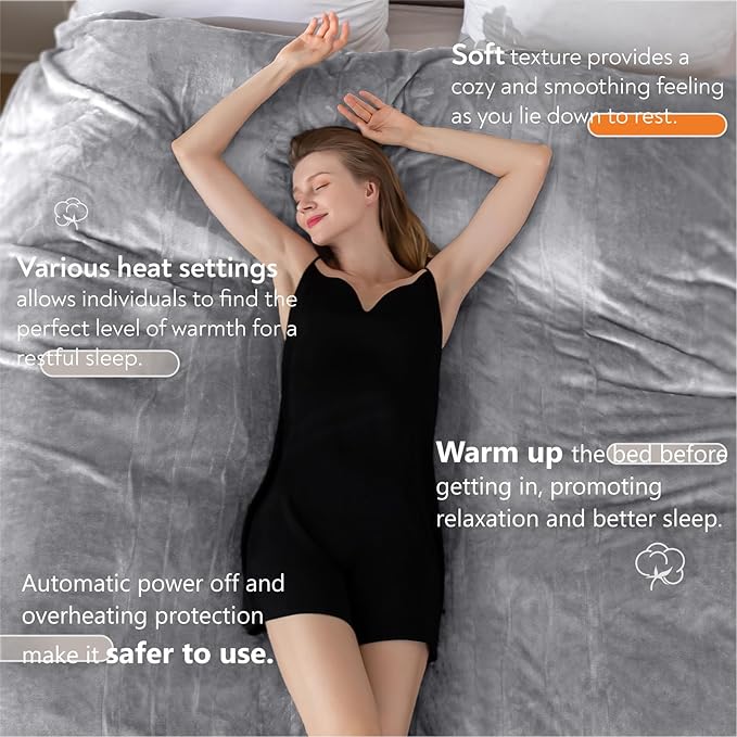 Wapaneus Heated Blanket Electric Queen Size 84"x90"-Dual Control with 10 Heat Levels 12 Timer Settings and 8 Hours Auto-Shut Off,Fast-Heating Electric Blanket,ETL Listed Machine Washable,Light Grey