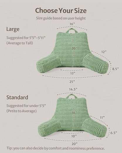 Blissful Diary Reading Pillow, Backrest Pillow with Shredded Memory Foam for Adult & Children, Designed for Bed and Couch Sitting Up, Includes Arms, Pockets and Washable Cover, Sage Green