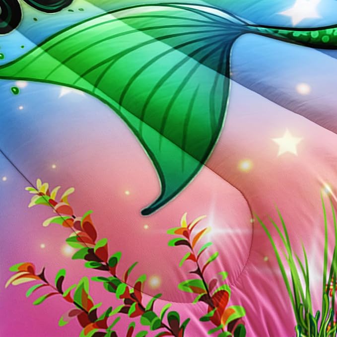 Mermaid Full Size Bedding Set for Kids Girls, Cute Black Girl Mermaid Ocean Life Pattern Comforter Set, Rainbow Bed with 1 Quilt and 2 Pillowcases