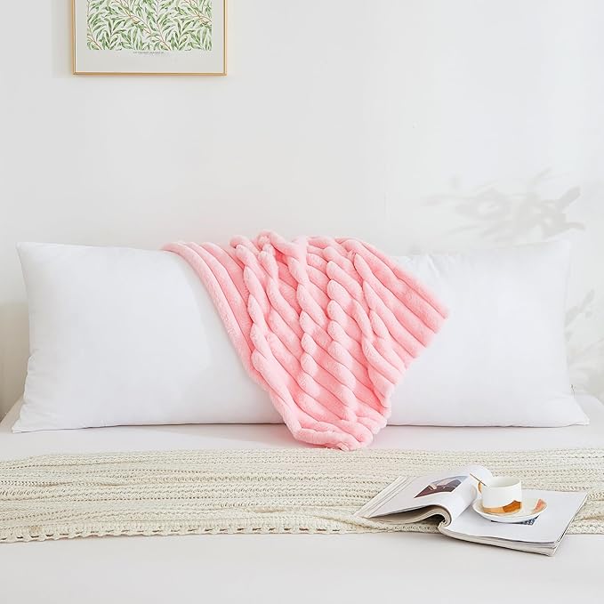 Full Body Pillow with Fluffy Stripe Faux Fur Removable Cover, Long Bed Pillow Adult 20x54 Inches for Side Sleeper and Pregnancy, Pink.