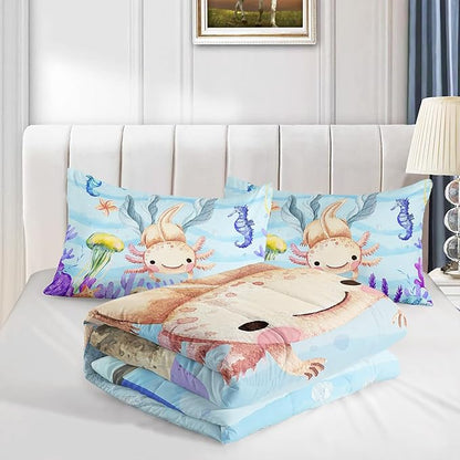 Kawaii Axolotl Ocean Comforter 3Pcs Queen Salamander Hippocampus Marine Animal Jellyfish Fish Bedding Set for Kid Boy Girl Teen Adult Coral Starfish Bed Decor with 1 Comforter and 2 Pillowcases
