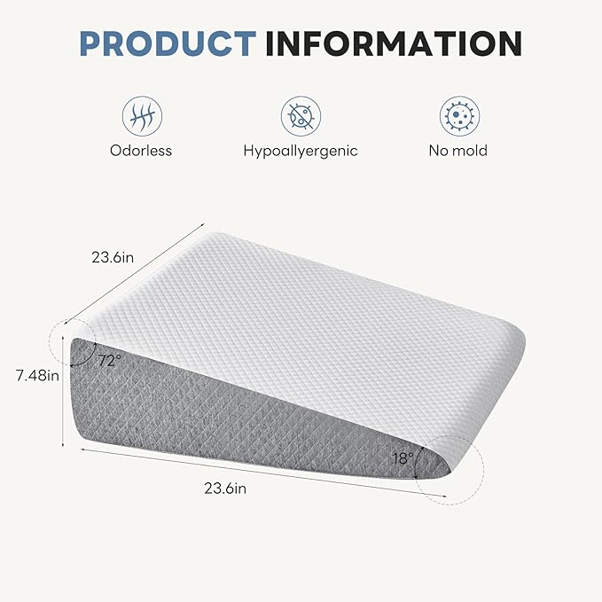Wedge Pillow Set for After Surgery, Body Pillow for Adults, Bed Wedge Pillow for Headboard for Sleep Apnea and Snoring, Back Pain Relief, Acid Reflux, 7.5" Height, Grey and White