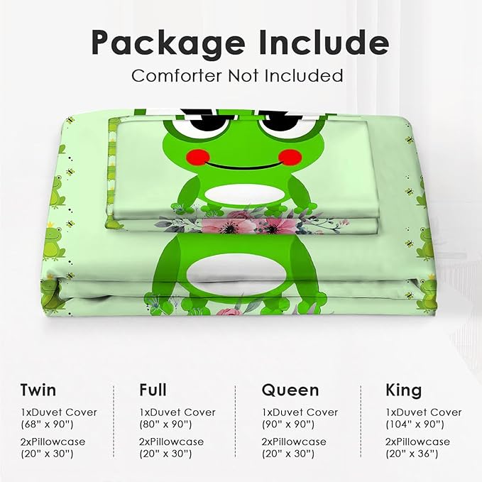 Frog Bedding Set Cartoon Frog Theme Comforter Set for Kids Teens Adults Women Men Green Frog Duvet Cover Bedroom Decor Soft King Size Quilt Cover with 2 Pillowcases