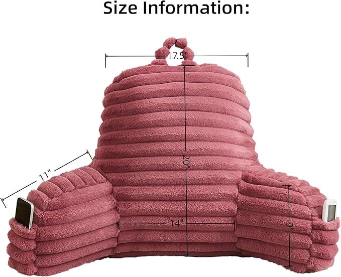 Faux Fur Fluffy Dusty Rose Reading Pillow with Pockets, Luxury Striped Plush Decorative, Arm Rests and Back Support for Bed Rest, Lounging on Sofa, Extra Large Size for Adult.