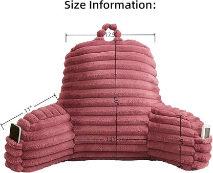 Faux Fur Fluffy Dusty Rose Reading Pillow with Pockets, Luxury Striped Plush Decorative, Arm Rests and Back Support for Bed Rest, Lounging on Sofa, Extra Large Size for Adult.