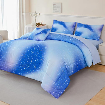 URBONUR 6Pcs Gradient Glitter Comforter Set for Girls Twin Size Blue Galaxy Kids Bedding Set for Boys Comforter Sets Soft Bed in A Bag Twin (Ombre Blue)