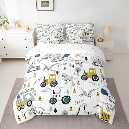 Feelyou Construction Comforter Set with Sheets 7 Piece Twin Size Cartoon Car Excavator Tractor Toddler Bedding Set Equipment Trucks Dinosaur Bed in a Bag Construction Vehicles White Yellow Bed Set