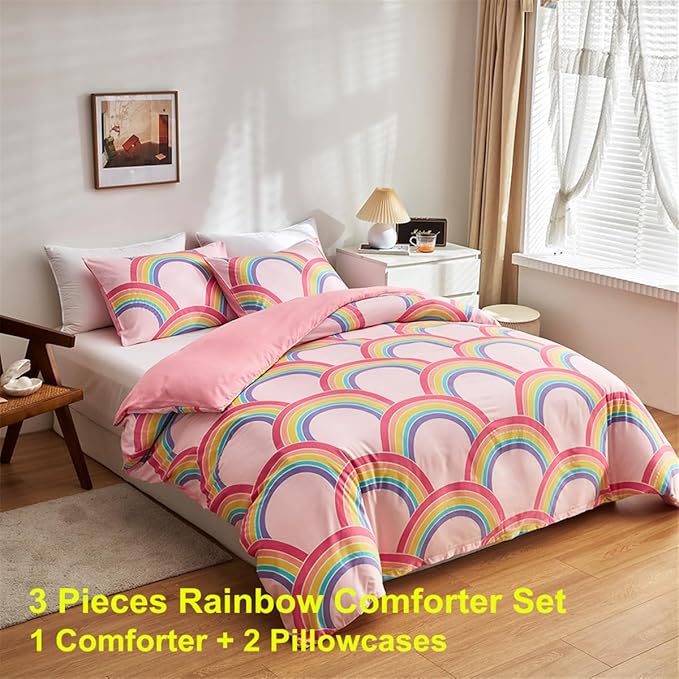Pink Girls Full Comforter Set, Glow in The Dark 3 Pieces Rainbow Comforter with 2 Pillowcases, Soft Microfiber Girls Full Bedding Set for Kids Teens Washable Lightweight All Season Use