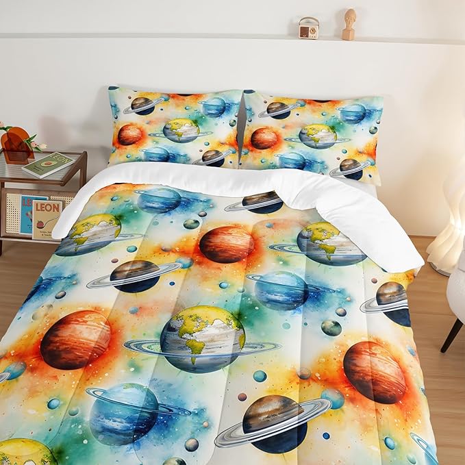 Universe Series Bedding Queen Size Comforter Set for Boys,Starry Sky Planets Bedding Set Comforter for Kids Boys Girls Bedroom Decor,Space Themed Bedding Set with 2 Pillowcases.