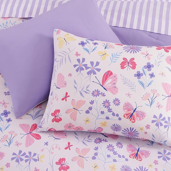 Queen Comforter Sets for Girls, Butterfly Botanical Flowers Bedding Set, All Season Kids Bed in a Bag 7 Pieces with Sheets, Pillowcases & Shams