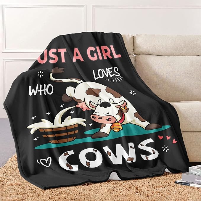 Cow Lover Blanket, Just A Girl Who Loves Cows Blanket, Soft Warm Cozy Fleece Throw, Gifts for Girls Women Kids, 40"x50", Black