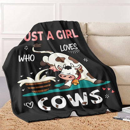 Cow Lover Blanket, Just A Girl Who Loves Cows Blanket, Soft Warm Cozy Fleece Throw, Gifts for Girls Women Kids, 40"x50", Black