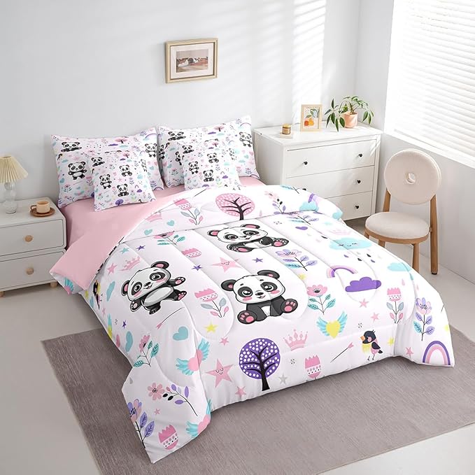 Erosebridal King Comforter Set for Kids,7 Pieces Floral Panda Bedding Sets King Bed in a Bag,Reversible Cartoon Animal Bed Set,Cute Flower Comforter, Sheets, Pillowcases and Cushion Cases