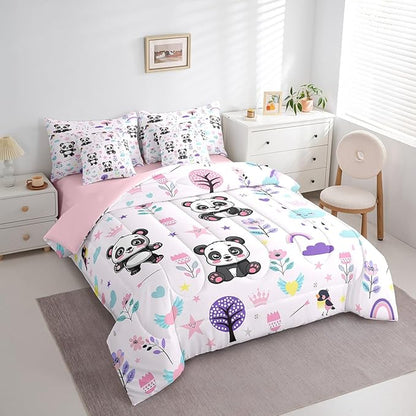 Erosebridal Full Comforter Set for Kids,7 Pieces Floral Panda Bedding Sets Full Bed in a Bag,Reversible Cartoon Animal Bed Set,Cute Flower Comforter, Sheets, Pillowcases and Cushion Cases