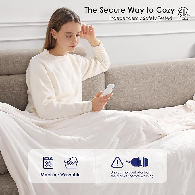 Queen Electric Blanket Dual Control Heated Blanket - Soft Warm Flannel Electric Blanket with 5 Heating Level & 10 Hour Auto Off, ETL Certified & Machine Washable for Grandma Gifts(Cream White)